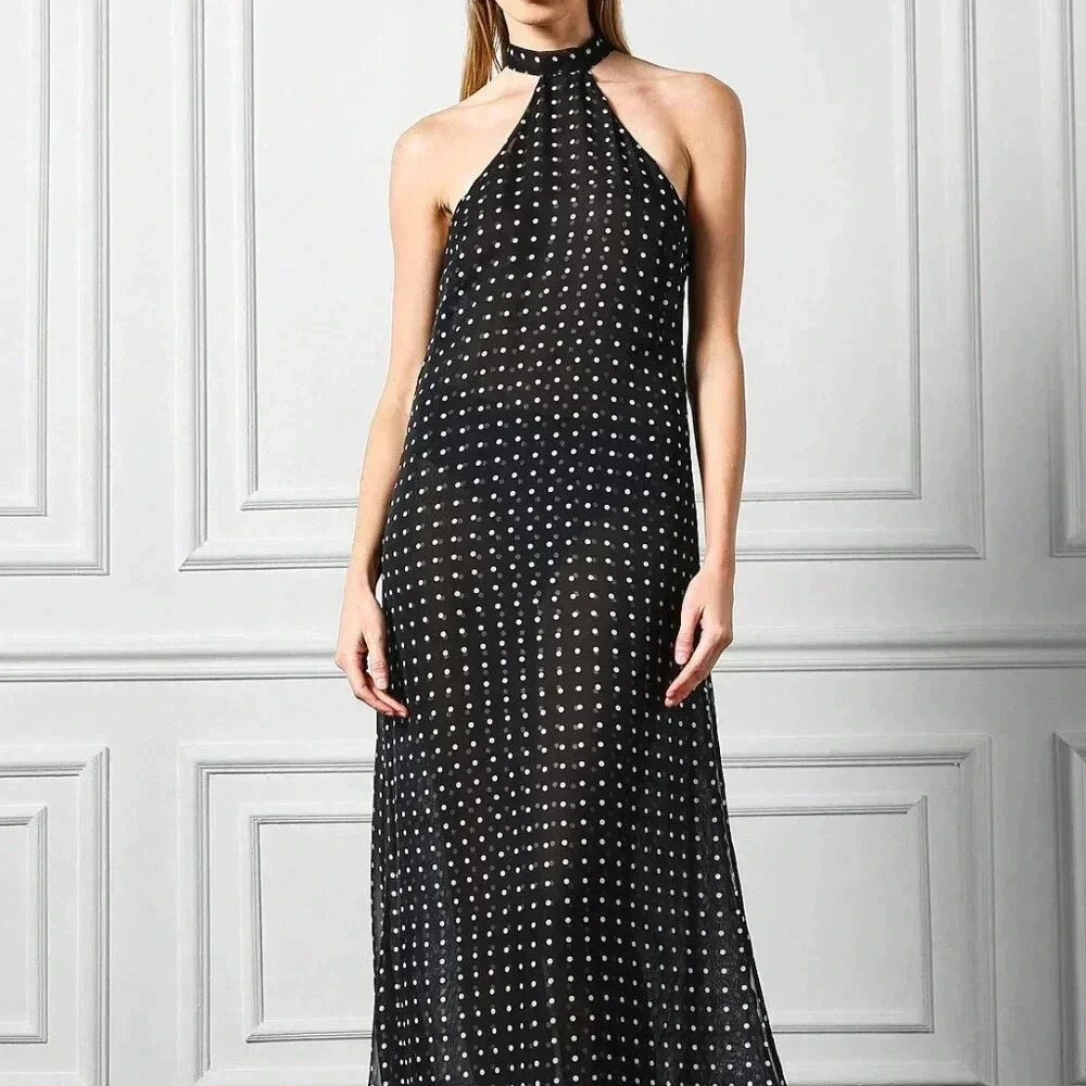 Black Elegant Women's Sheer Spot Halter Maxi Dress